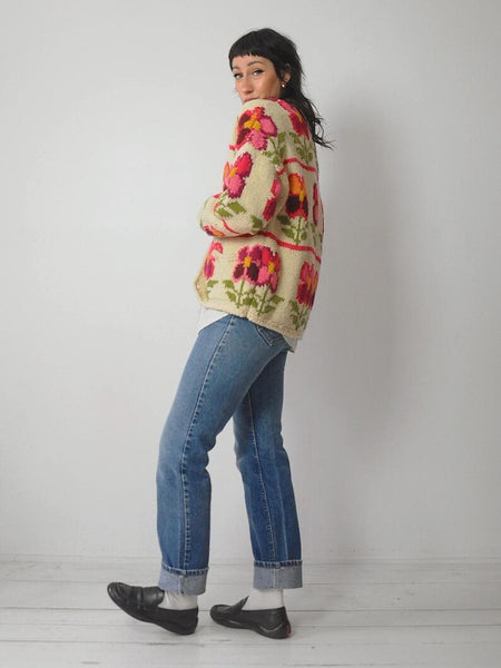 1990's Handknit Wool Floral Cardigan