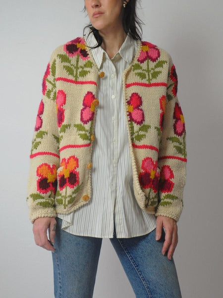1990's Handknit Wool Floral Cardigan