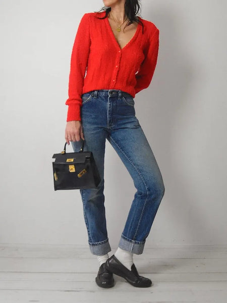 1980's Red Boucle Knit Cardigan
