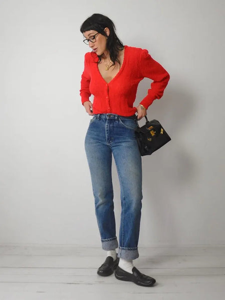 1980's Red Boucle Knit Cardigan