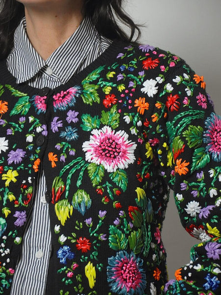 1980's Handknit Raffia Floral Cardigan
