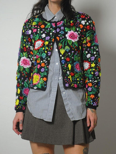 1980's Handknit Raffia Floral Cardigan