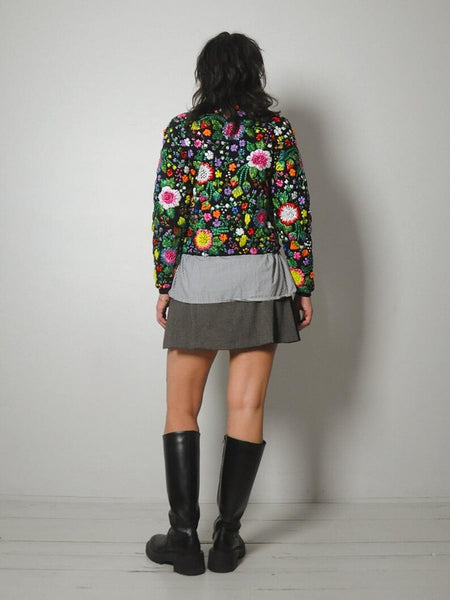 1980's Handknit Raffia Floral Cardigan