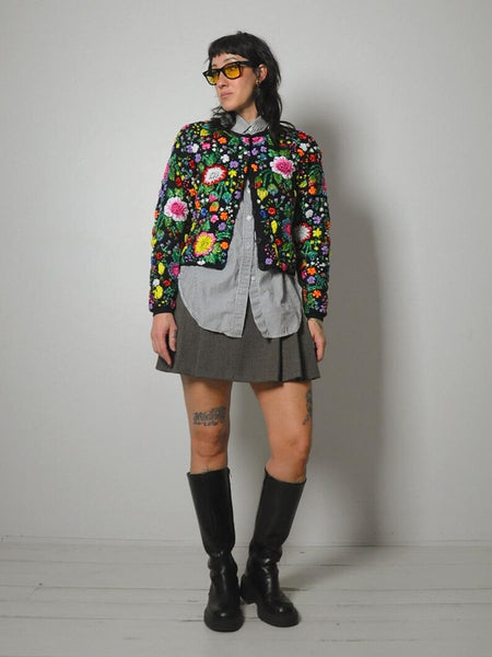 1980's Handknit Raffia Floral Cardigan