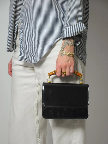 1960's Patent Leather Bamboo Handle Purse