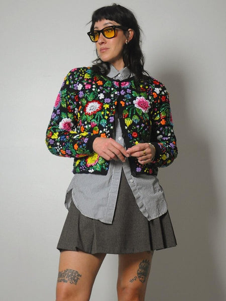 1980's Handknit Raffia Floral Cardigan