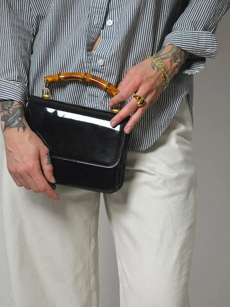 1960's Patent Leather Bamboo Handle Purse