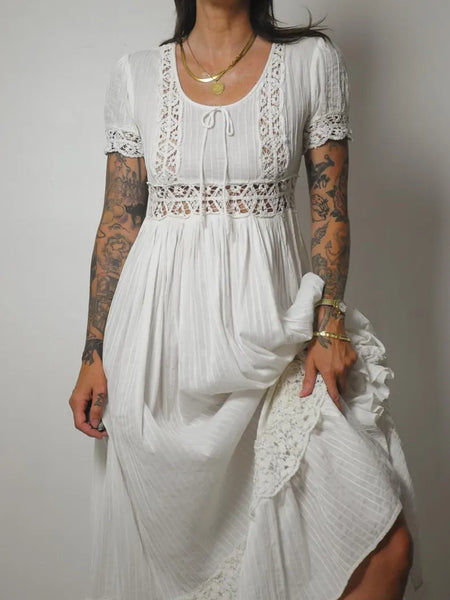 1970's Ivory Crochet Pintuck Dress