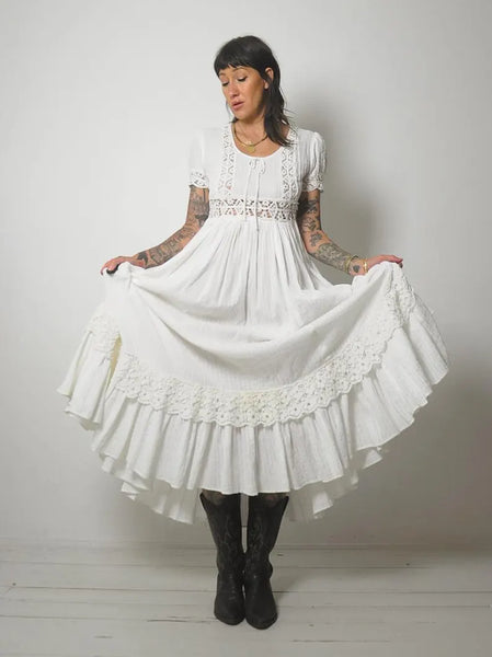 1970's Ivory Crochet Pintuck Dress