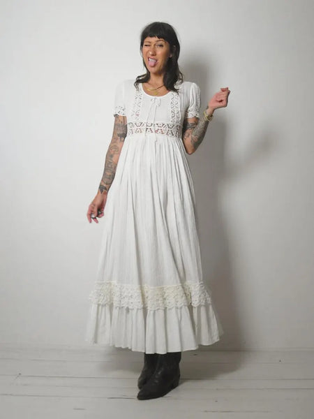 1970's Ivory Crochet Pintuck Dress