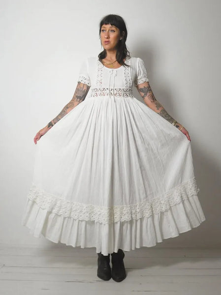 1970's Ivory Crochet Pintuck Dress