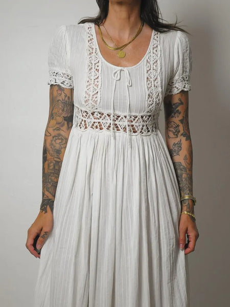 1970's Ivory Crochet Pintuck Dress
