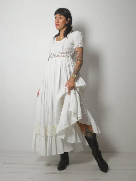 1970's Ivory Crochet Pintuck Dress