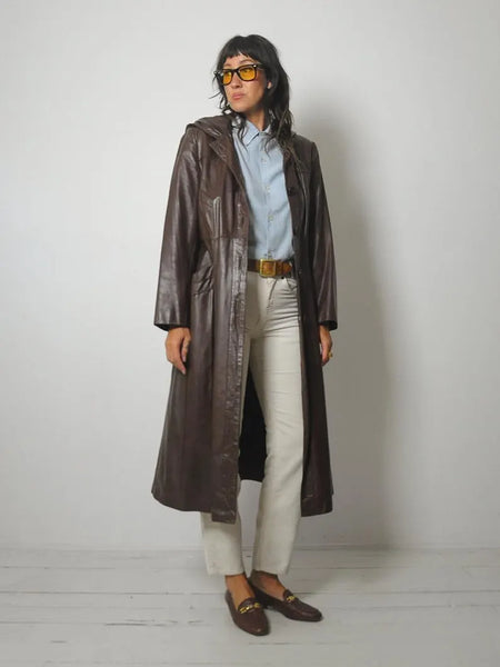 1970's Mocha Leather Trench Coat