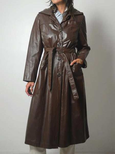 1970's Mocha Leather Trench Coat