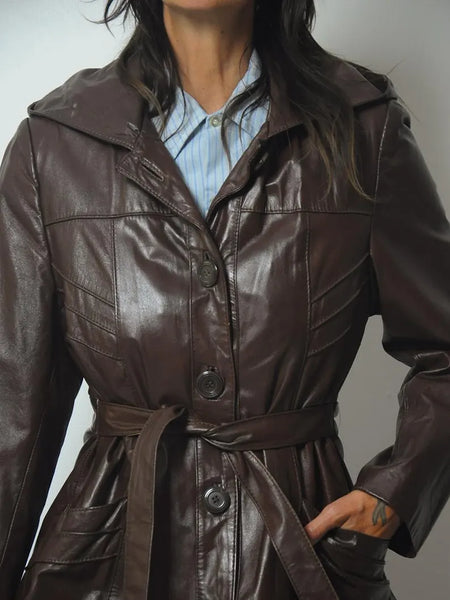 1970's Mocha Leather Trench Coat