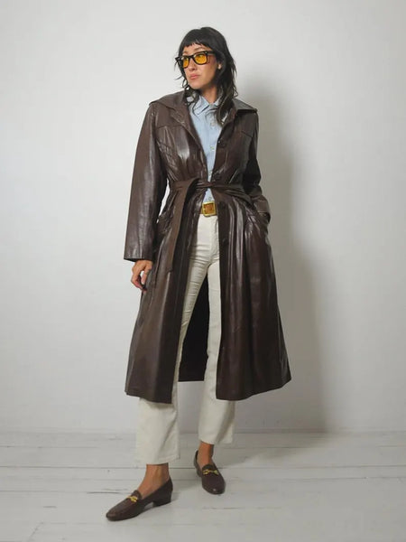 1970's Mocha Leather Trench Coat