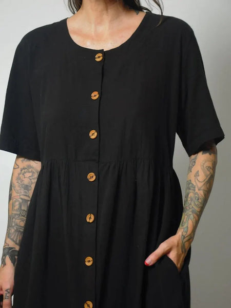 90's Black Cotton Pocket Dress