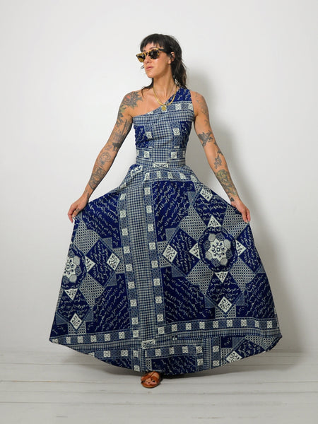 1970's Wax Block Print One Shoulder Dress