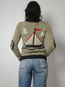 1970's Sailboat Nautical Cardigan