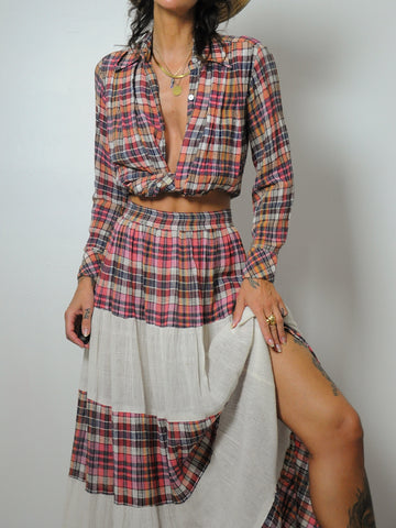 1970's Plaid Gauze 2 Piece Skirt Set