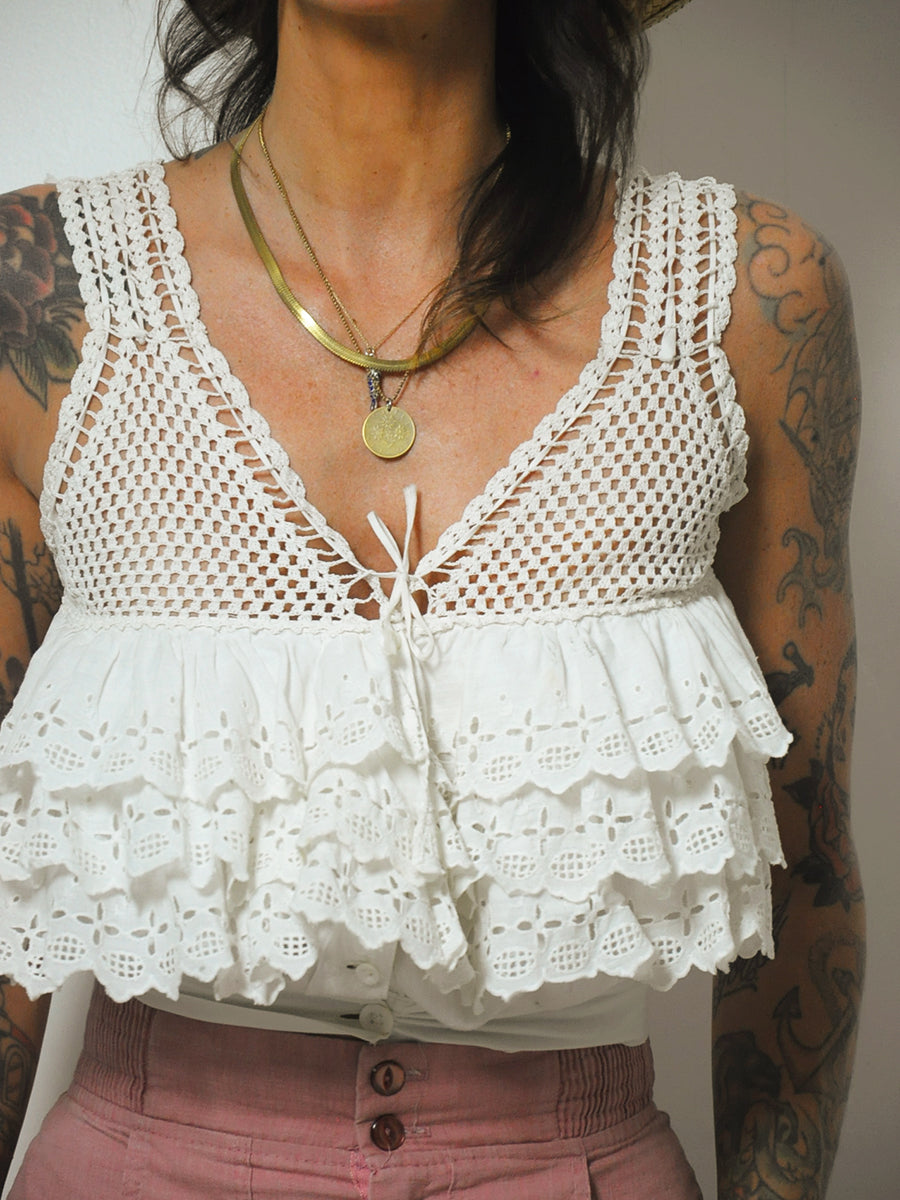 Crochet Eyelet Ruffle Blouse