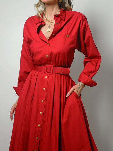 Crimson Belted Shirt Dress