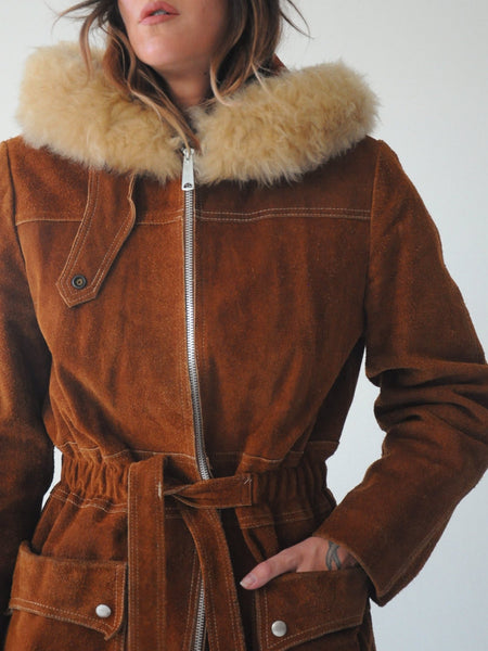 70's Shearling Hooded Suede Coat