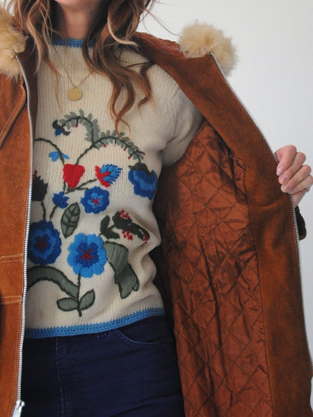 70's Shearling Hooded Suede Coat