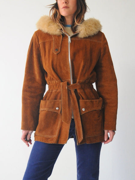 70's Shearling Hooded Suede Coat