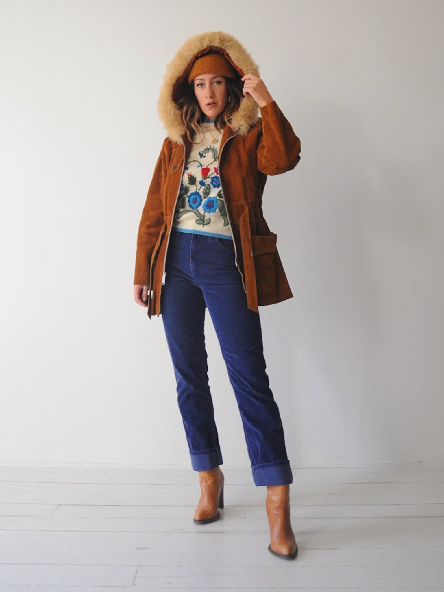 70's Shearling Hooded Suede Coat