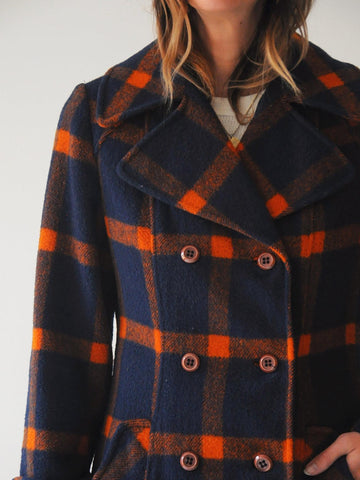 60's Tartan Plaid Wool Peacoat