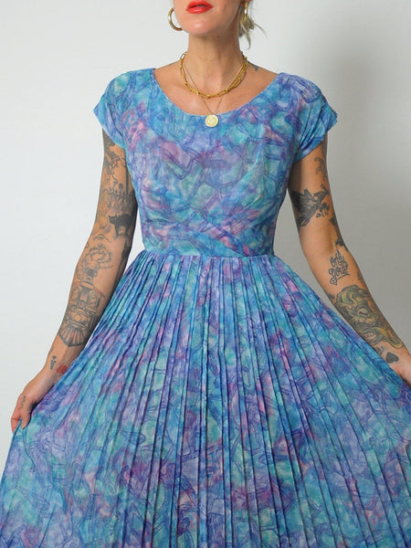 1950's Abstract Print Pleat Dress
