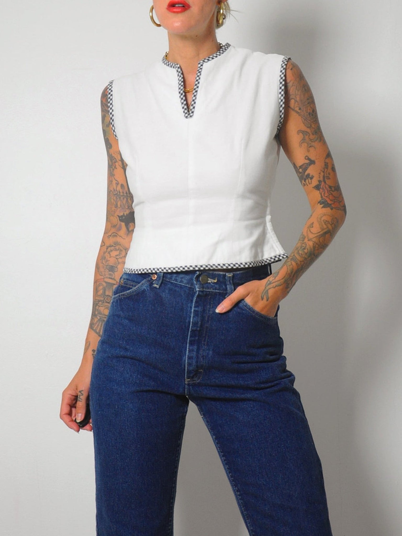 1950's Gingham Trim Crop Top