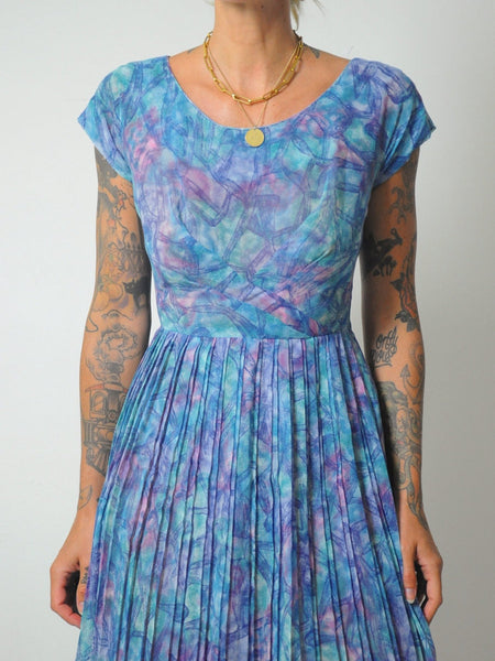 1950's Abstract Print Pleat Dress