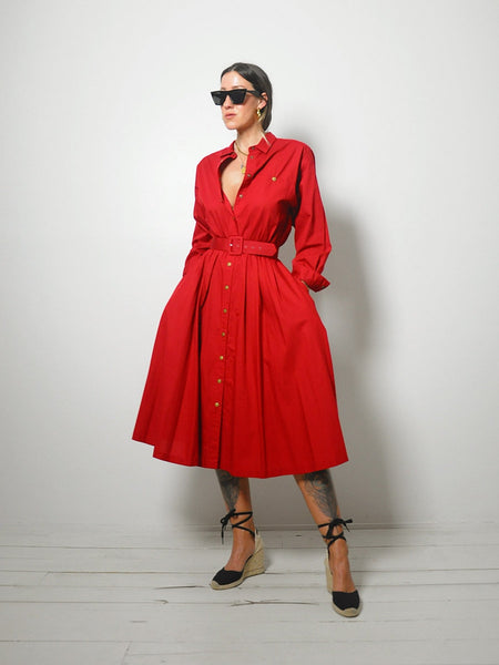 Crimson Belted Shirt Dress