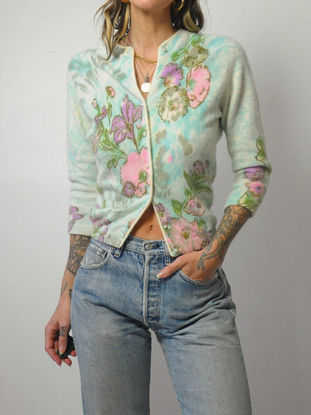 1950's Angora Hand Screen Printed Floral Cardigan