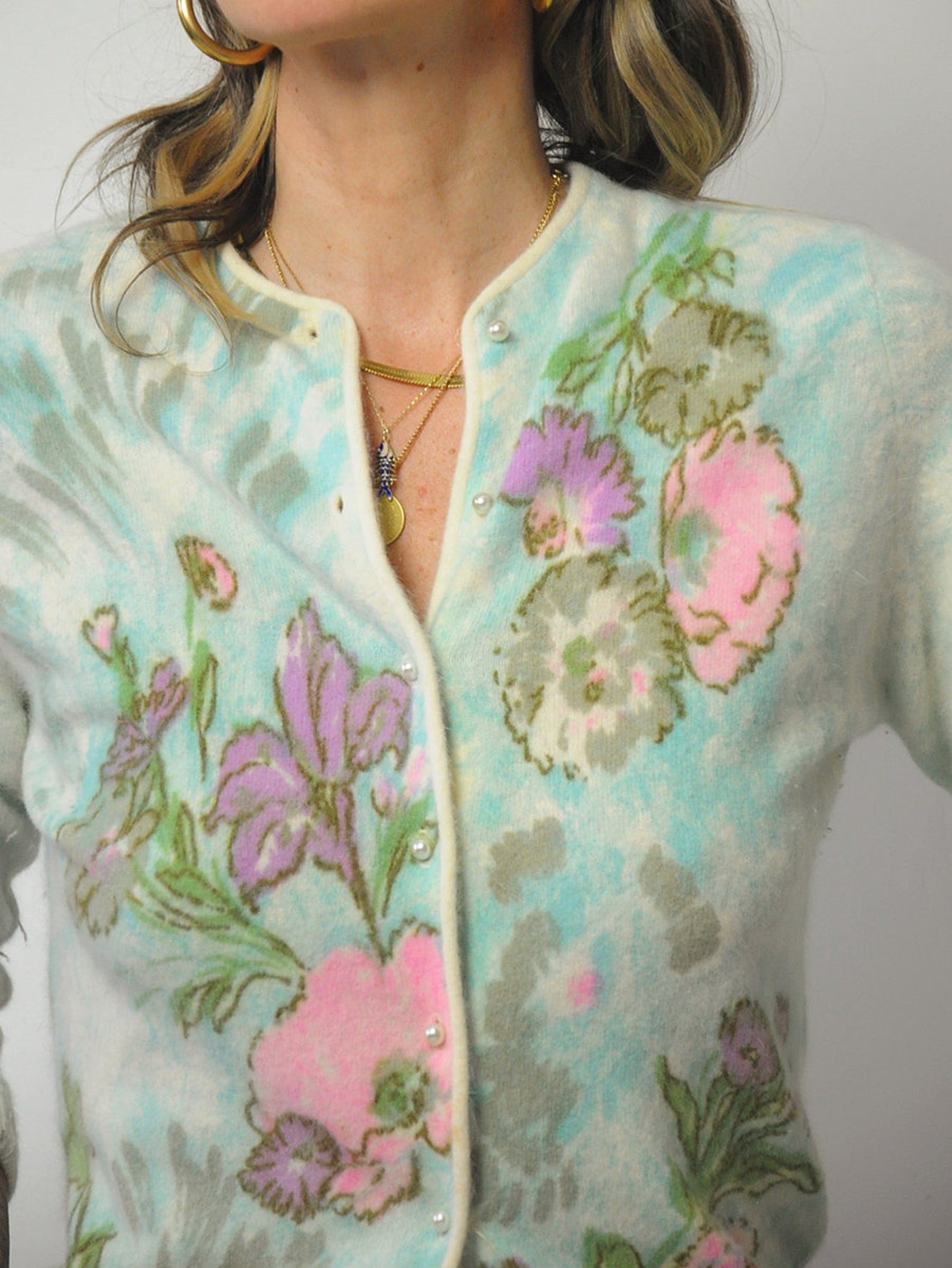 1950's Angora Hand Screen Printed Floral Cardigan