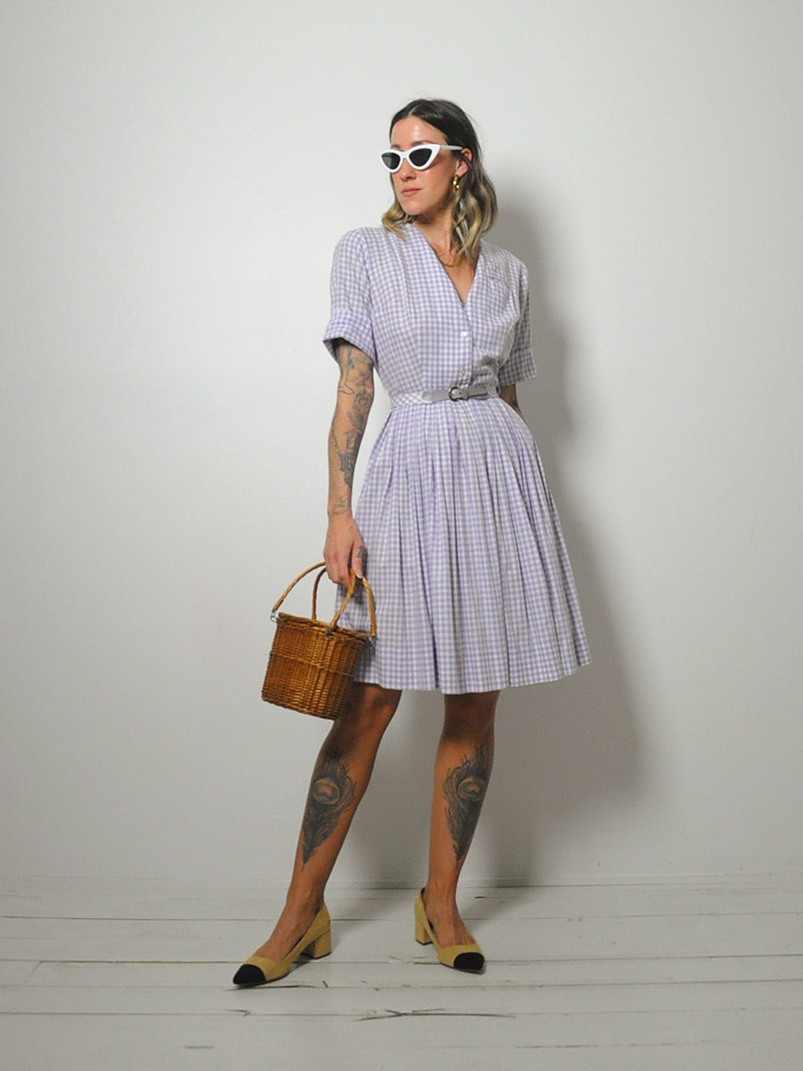 1950's Lavender Gingham Shirt Dress