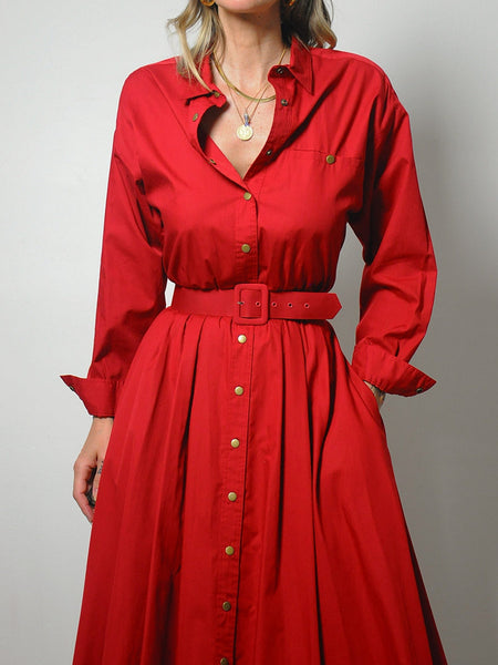 Crimson Belted Shirt Dress