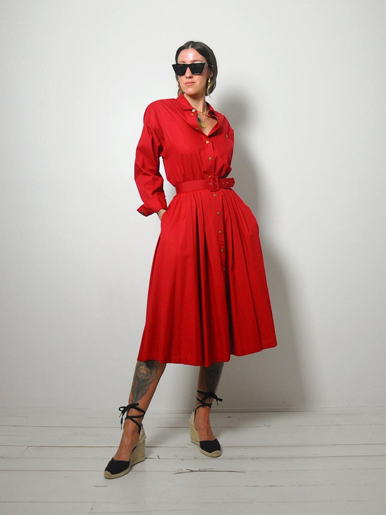 Crimson Belted Shirt Dress