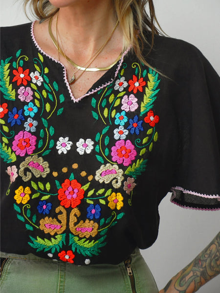 1970's Black Embroidered Floral Blouse