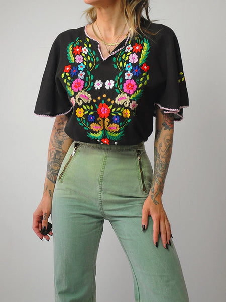 1970's Black Embroidered Floral Blouse