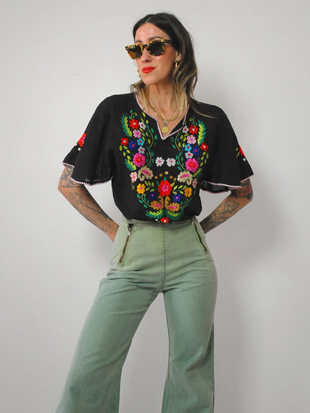 1970's Black Embroidered Floral Blouse