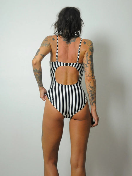 1990's Black Striped High Cut Swimsuit