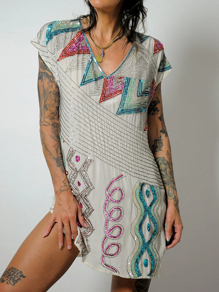 1980's Silk Sequined Shift Dress