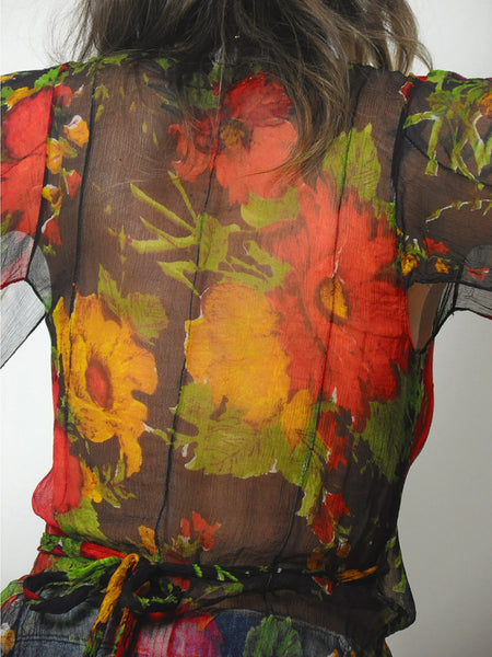 1970's Sheer Silk Floral Wrap Blouse