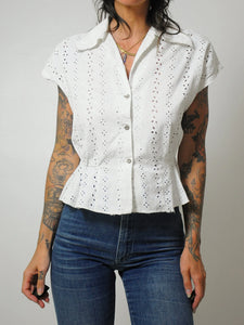 1950's Peplum Ruffle Eyelet Blouse