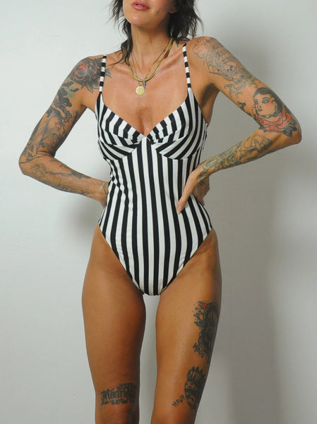 1990's Black Striped High Cut Swimsuit