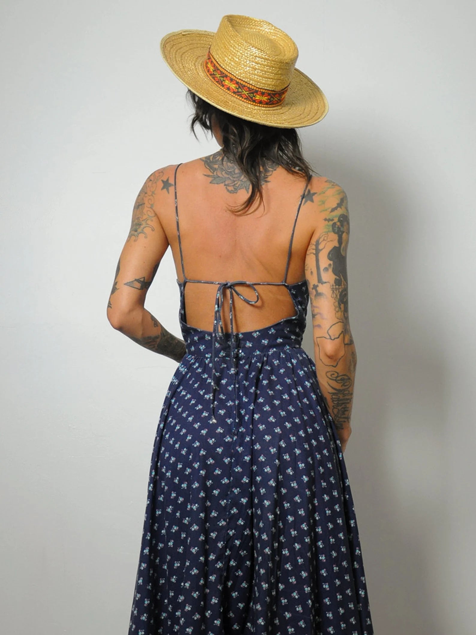 1970's Navy Floral Open Back Sundress